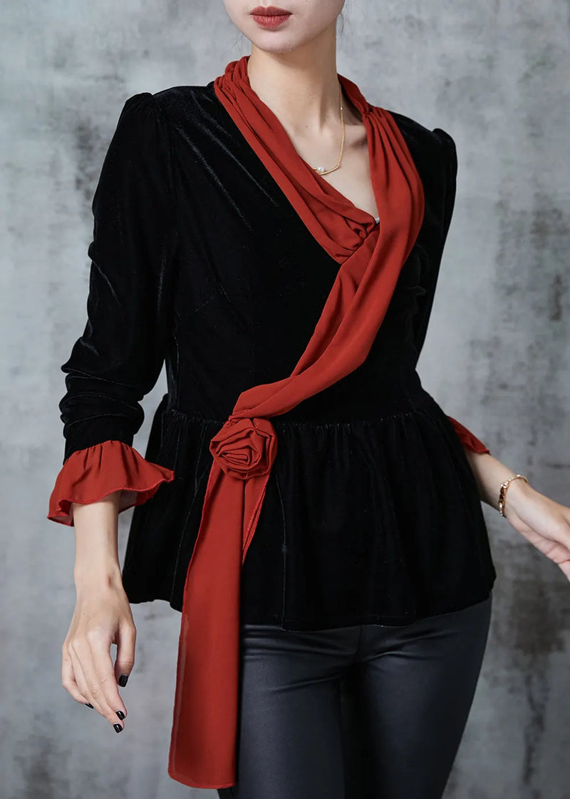 Black Silm Fit Patchwork Silk Velour Blouses Fall