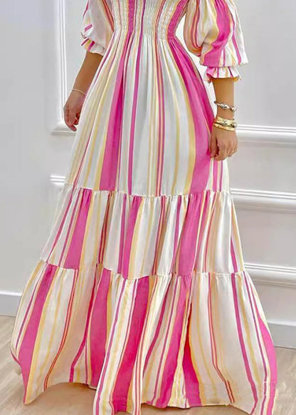 European and American Striped Cold Shoulder Lantern Sleeve Dress