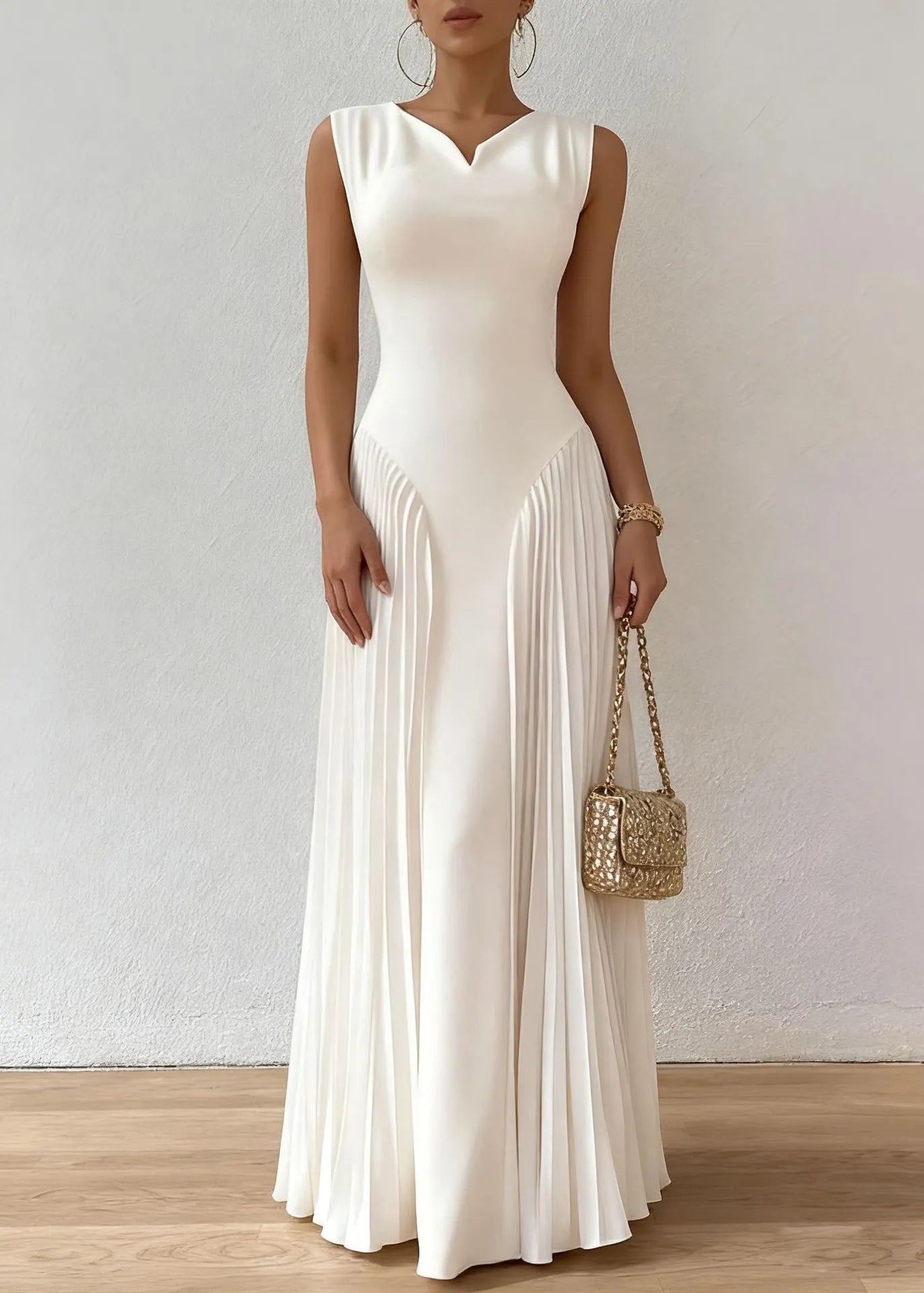 White Wrinkled High Waist Cotton Party Dress Summer