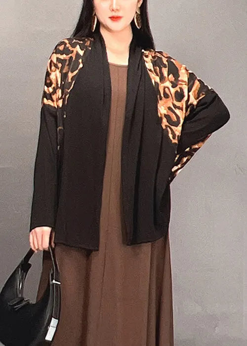 Leopard V Neck Patchwork Cotton Cardigan Fall
