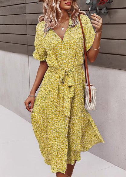 Green Peter Pan Collar Print Lace Up Cotton Dresses Summer