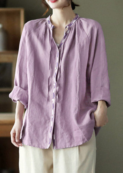 Novelty Purple V Neck Embroidered Neck Tie Linen Shirt Long Sleeve