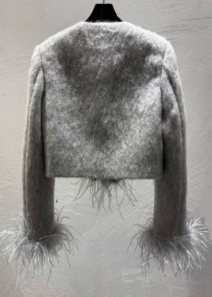 Grey Feather Patchwork Wool Coats Winter
