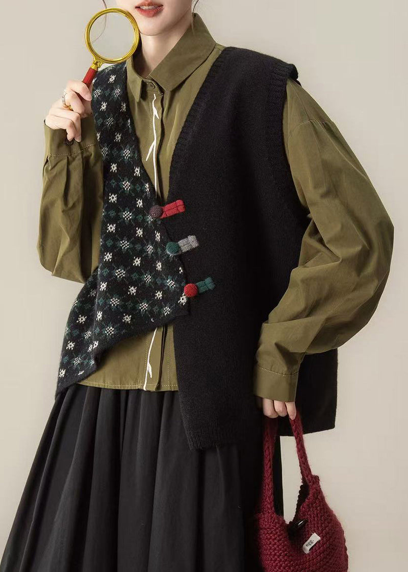 Black Asymmetrical Chinese Button Knit Vests Winter