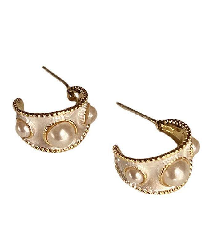 White Sterling Silver Overgild Pearl C Shaped Hoop Earrings