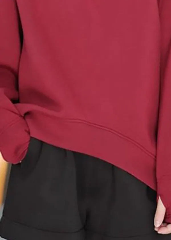 Red Hooded Asymmetrical Cotton Pullover Sweatshirt Winter