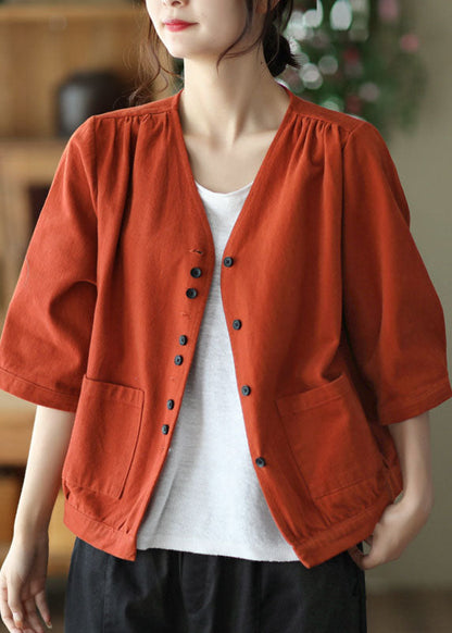 Art Red V Neck Button Pockets Color Cotton Coats Bracelet Sleeve