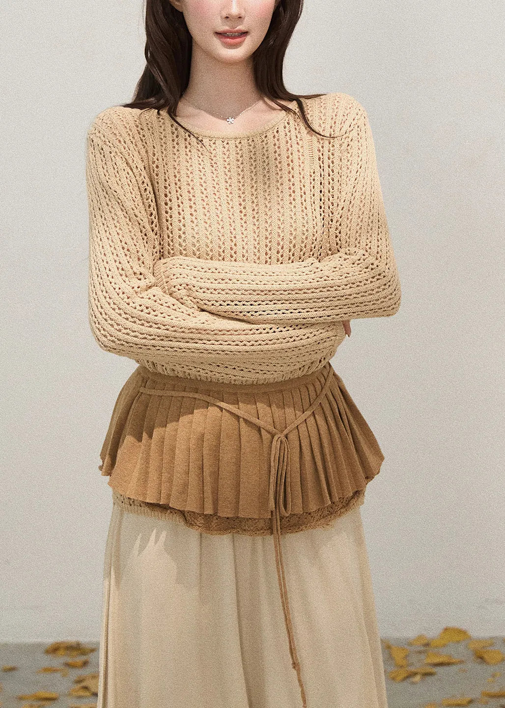 Khaki Hollow Out Knit Pullover Tops Fall