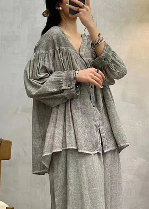 Grey Button Cotton Blouses V Neck Long Sleeve