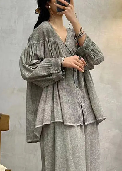 Grey Button Cotton Blouses V Neck Long Sleeve