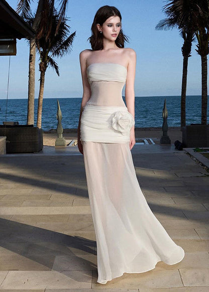 Vacation Style White Tulle Strapless Slim Fit Dress