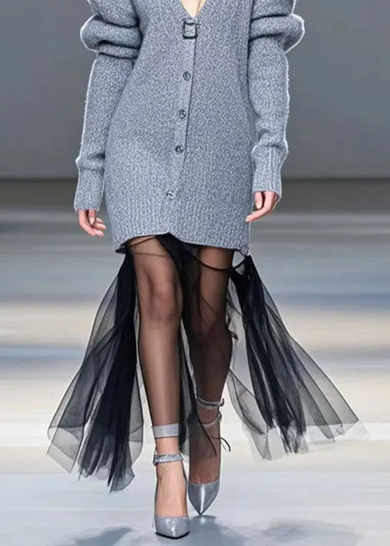 Grey V Neck Patchwork Tulle Long Sweater Winter