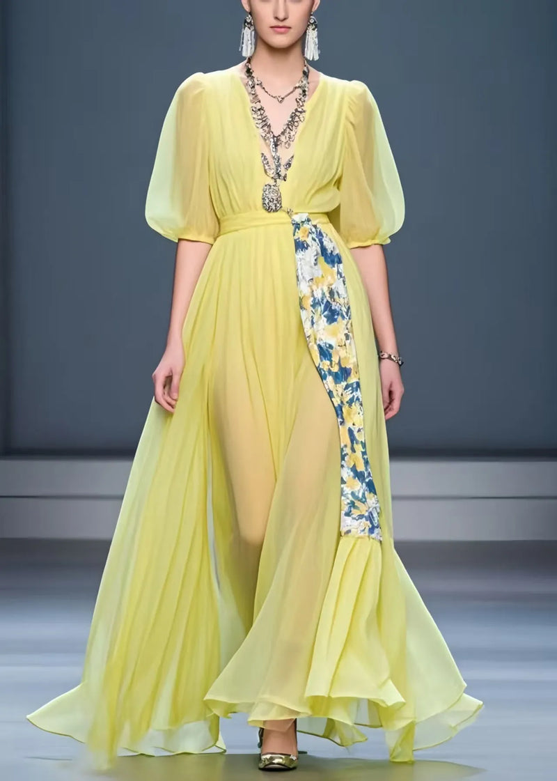 Fine Yellow Puff Sleeve Patchwork Chiffon Dress Summer