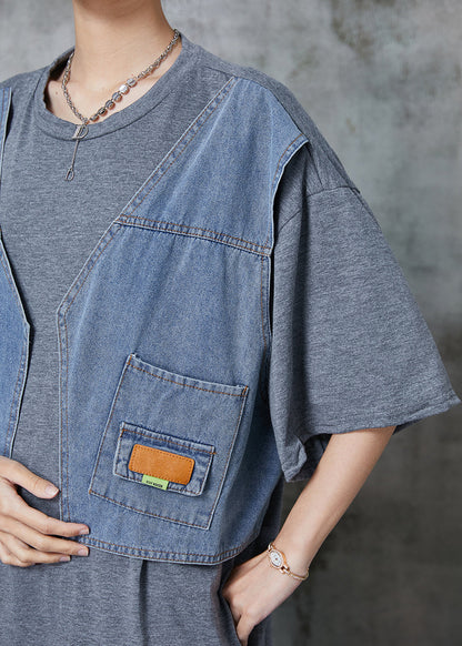 Grey Oversized Patchwork Cotton Robe Dresses Summer