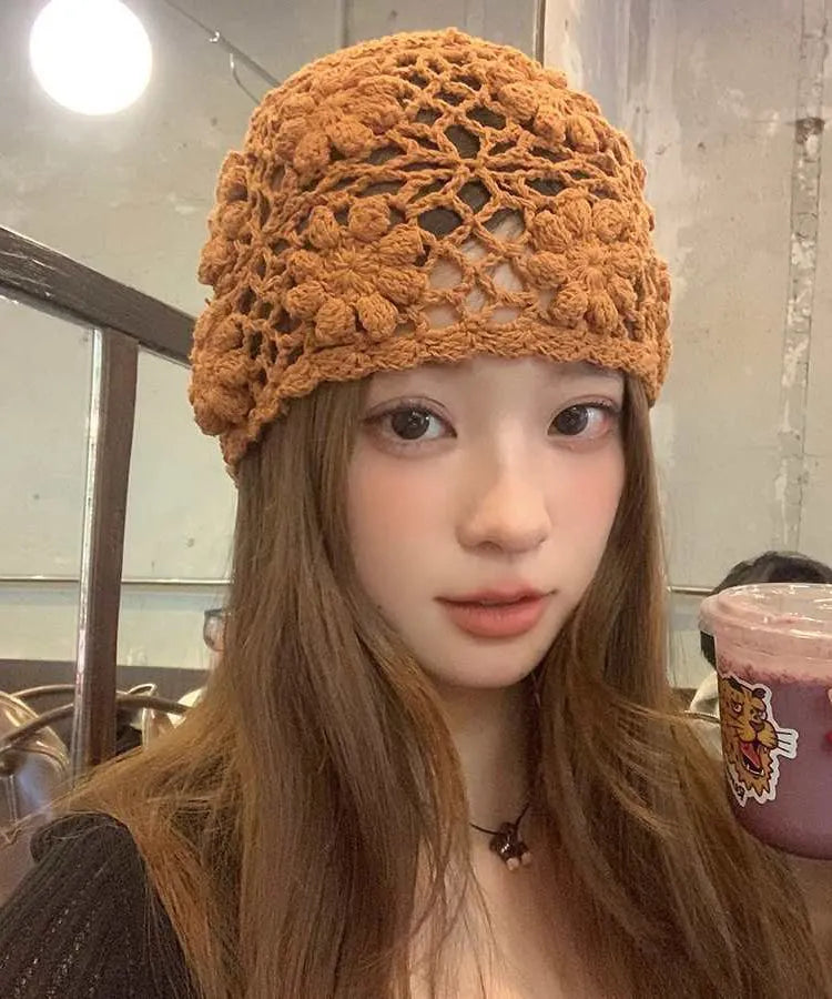 Handmade Beige Hollow Out Knit Boonie Hat