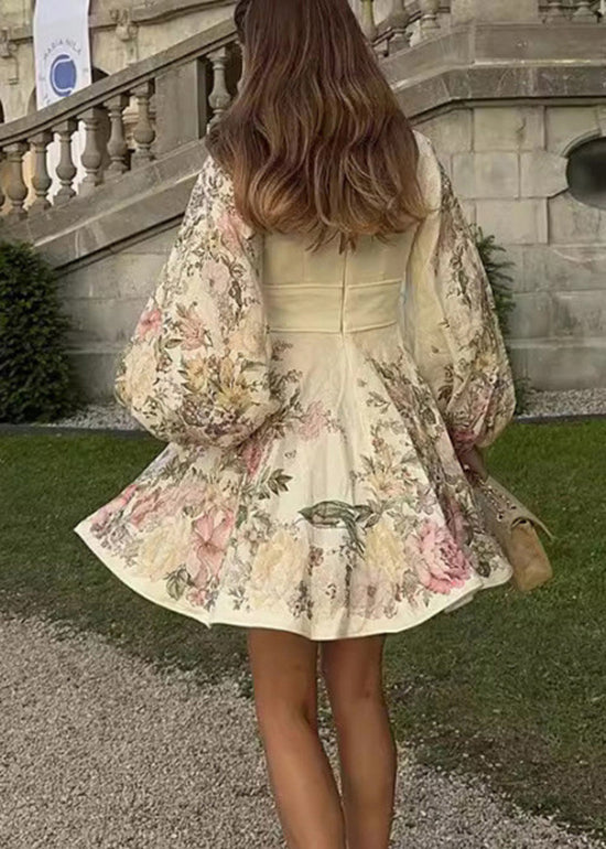 V Neck Print Cotton Dress Lantern Sleeve
