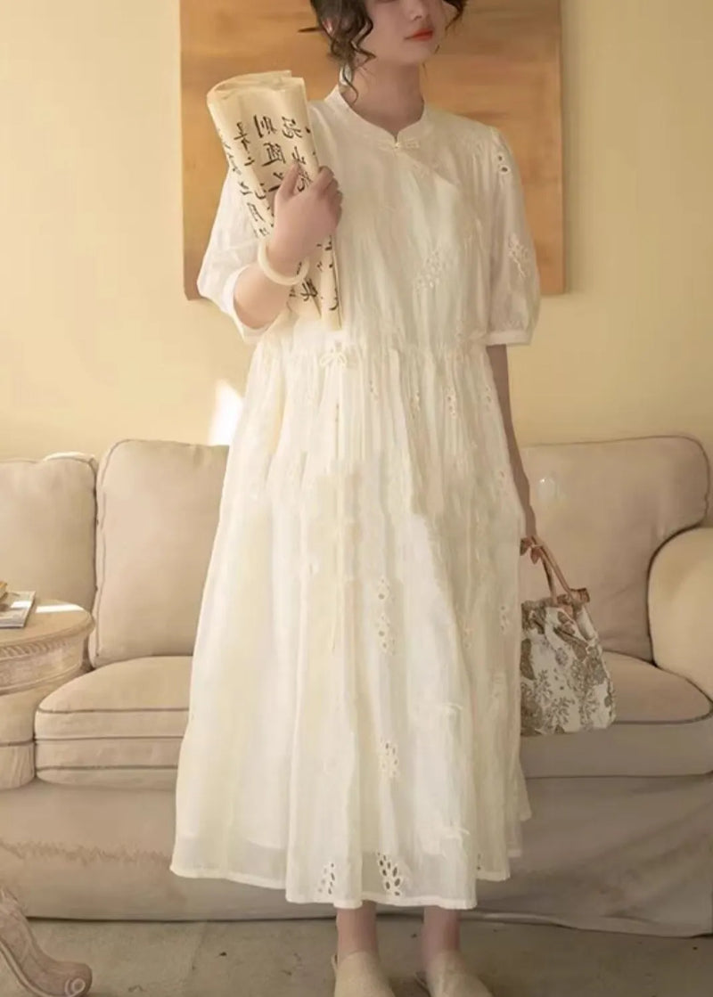 Chinese Style Beige Stand Collar Hollow Out Embroidered Cotton Dresses Summer