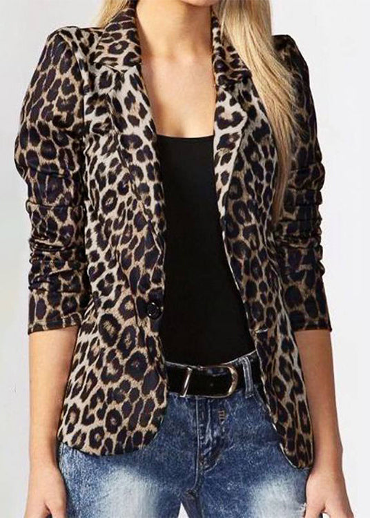 Brown Leopard Notched Cotton Suit Coat Fall