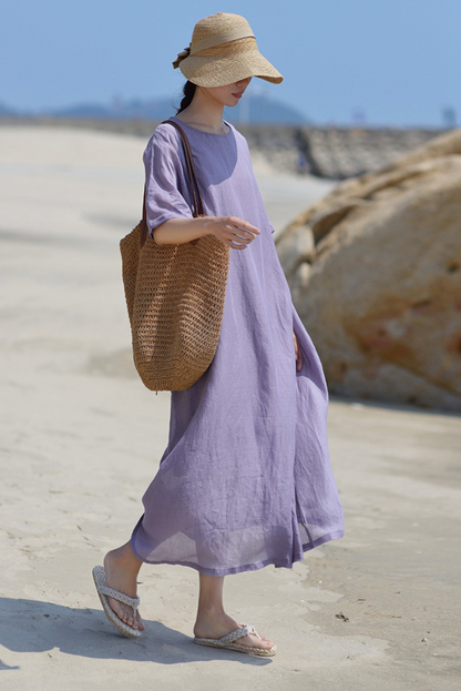 Summer Simple Short Sleeve Dress Loose Ramie Robe