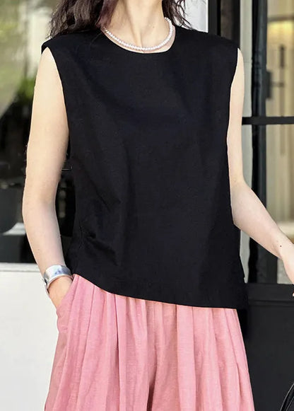 Black Cozy Linen Tops O Neck Summer