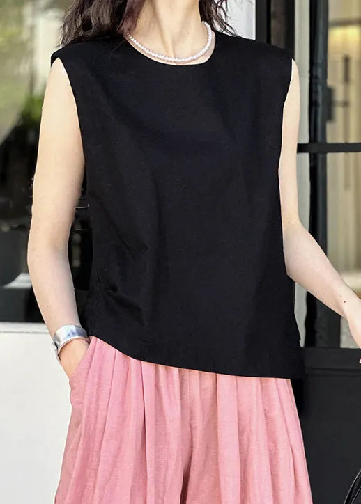 Black Cozy Linen Tops O Neck Summer