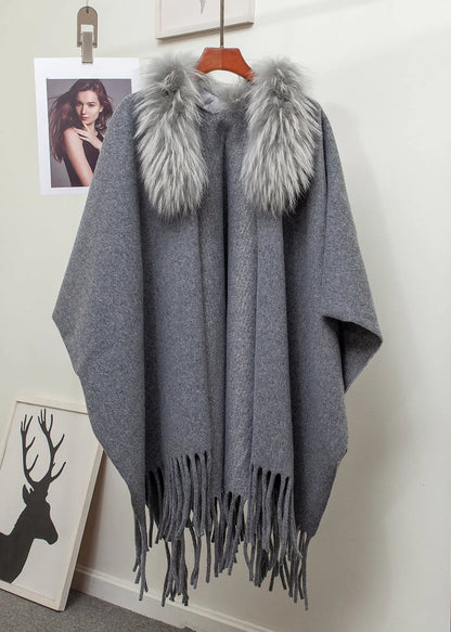 New Khaki Fur Collar Tasseled Patchwork Knit Cape Cardigan Winter