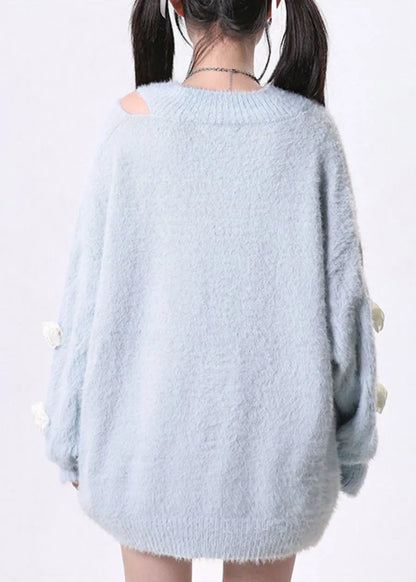 Fitted Sky Blue Cold Shoulder Knit Pullover Spring