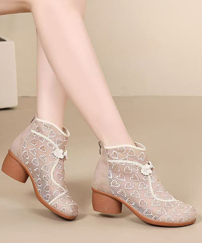 Black Chunky Breathable Mesh Embroidered Retro Splicing Boots