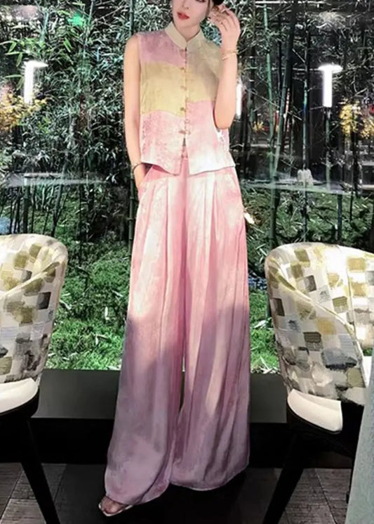 French Pink Button Waistcoat and Wide Leg Pants Silk Two Piece Set Sleeveless