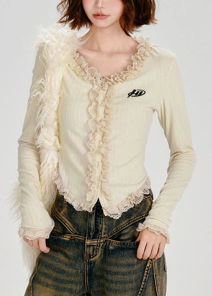 Silm Fit Apricot Ruffled Patchwork Cotton Cardigan Spring