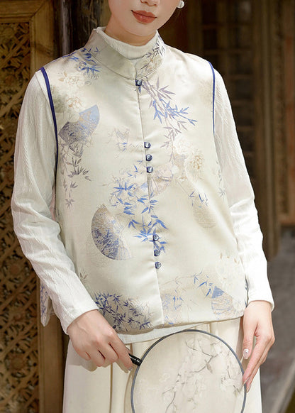 Khaki Stand Collar Jacquard Fine Cotton Filled Silk Vest Sleeveless