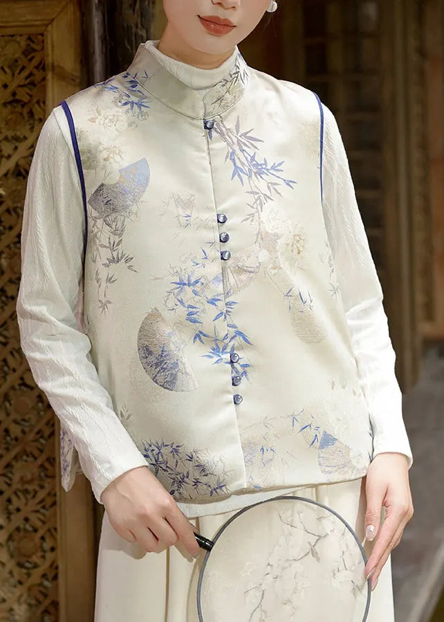Khaki Stand Collar Jacquard Fine Cotton Filled Silk Vest Sleeveless