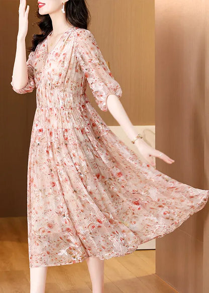 Pink V Neck Embroidered Wrinkled Silk Dress Summer
