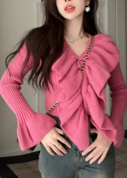 Rose Ruffled Patchwork Cotton Knit Sweaters Spring