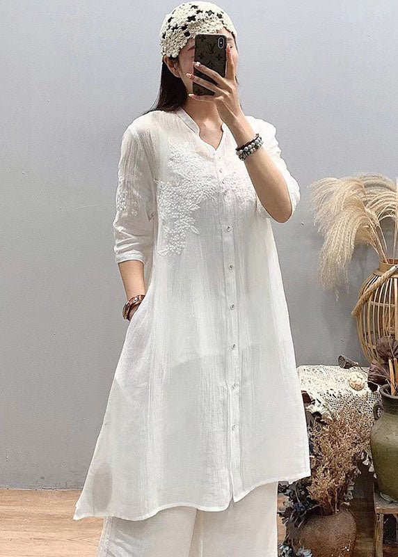 Fitted White Stand Collar Embroidered Linen Long Shirts Three Quarter Sleeve