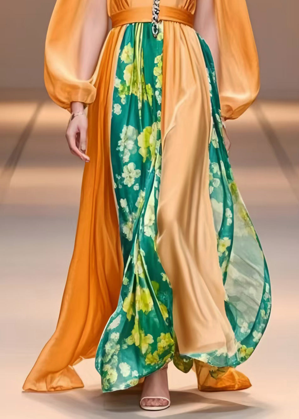Orange Cinched Patchwork Silk Party Dress Lantern Sleeve