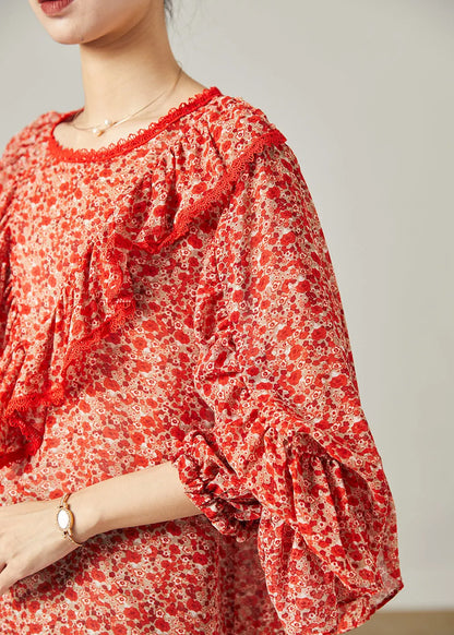 Red Ruffled Print Chiffon Blouse Top Butterfly Sleeve