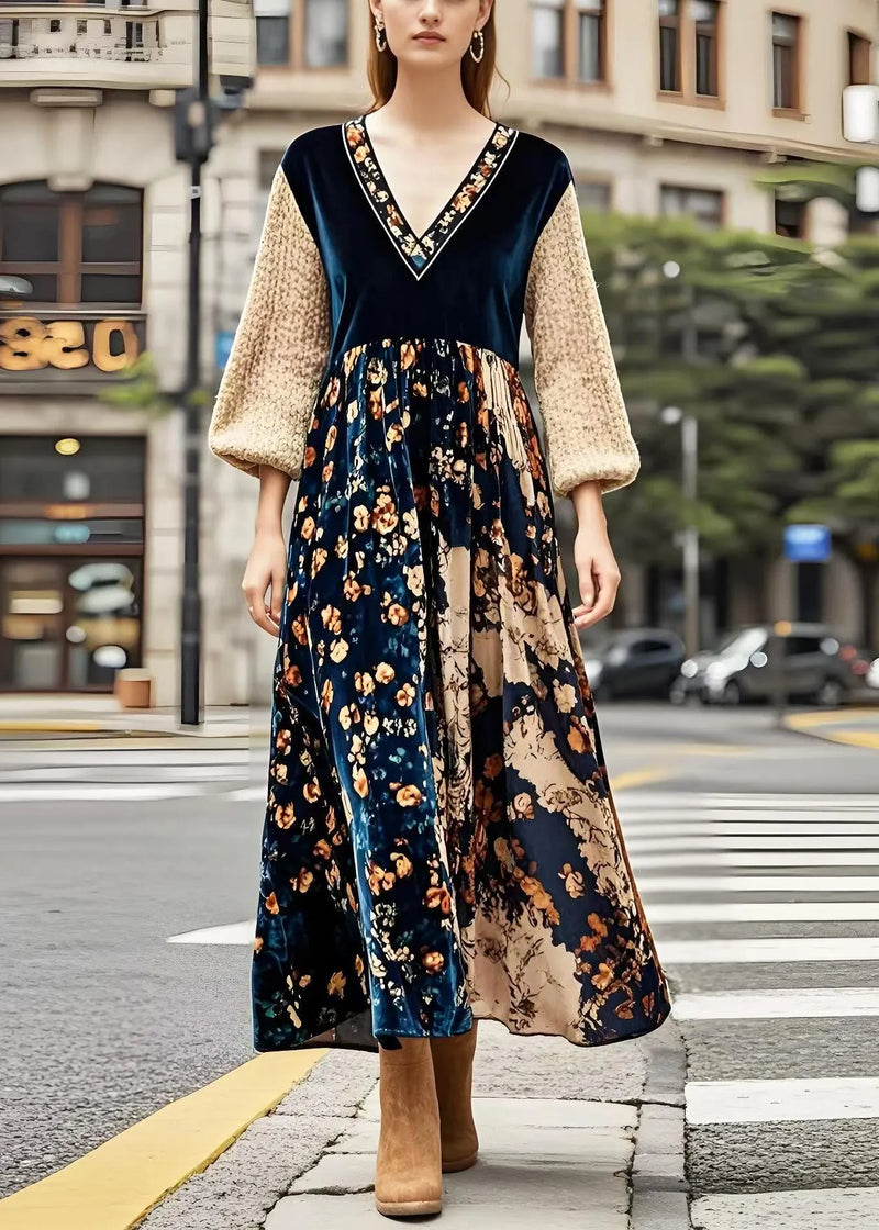 V Neck Patchwork Print Silk Velvet Maxi Dresses Spring