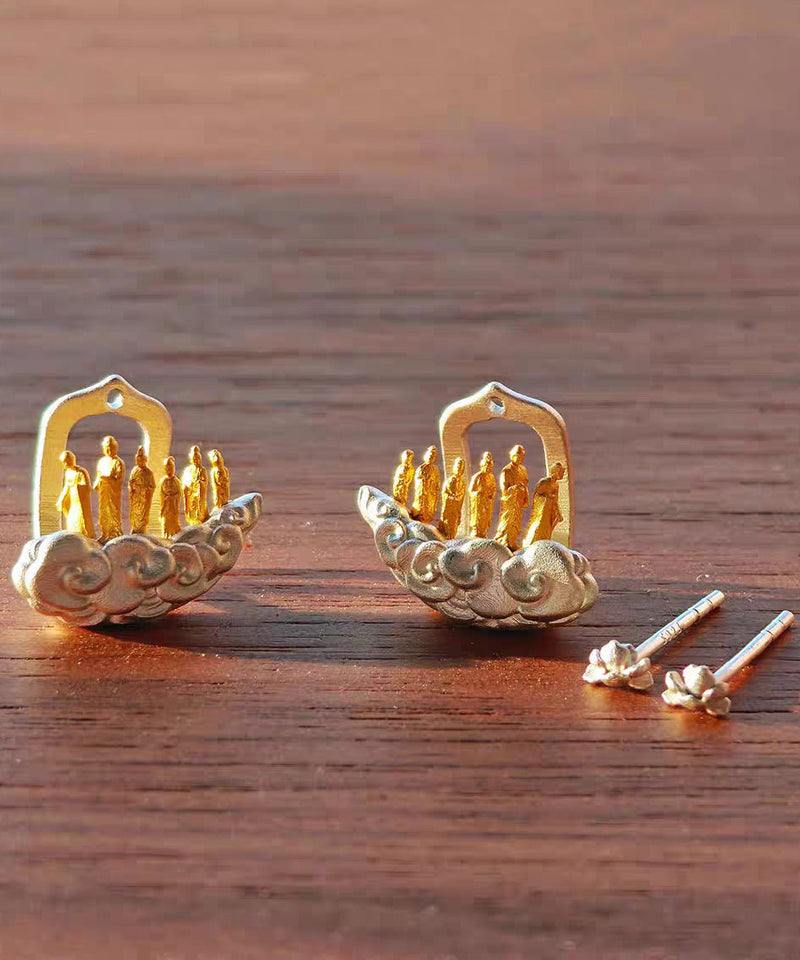 Gold Sterling Silver Overgild Auspicious Clouds Lotus Six Buddhas Stud Earrings