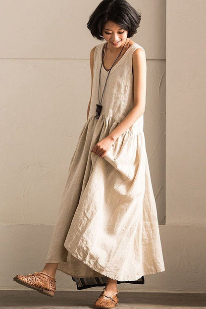 V-neck Cotton Linen Organic Sleeveless Long Dress Summer Outfits