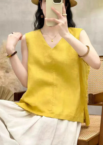 Stylish Yellow V Neck Linen Tops Sleeveless