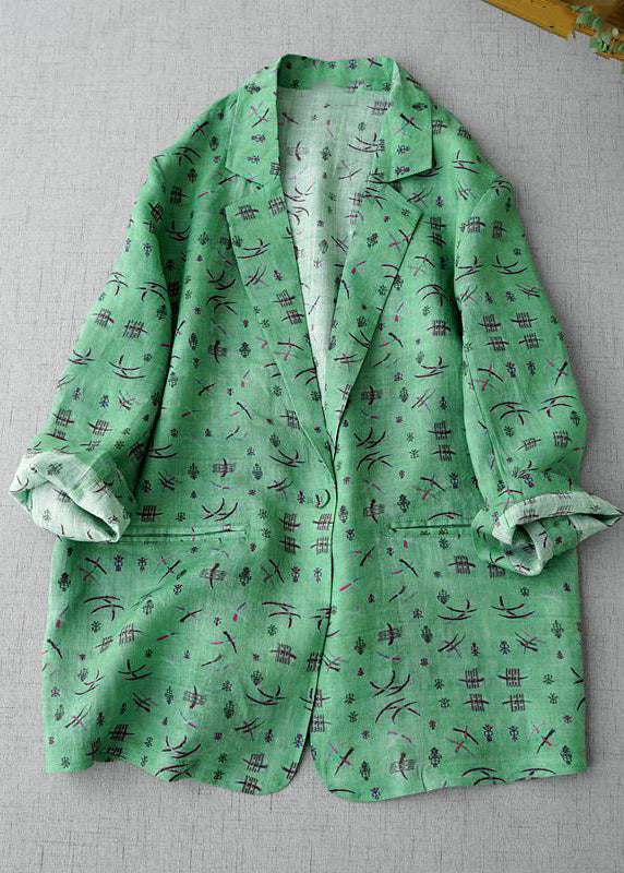 Green Notched Print Coats Long Sleeve