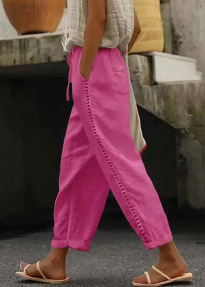 White Pockets Elastic Waist Cotton Crop Pants Summer