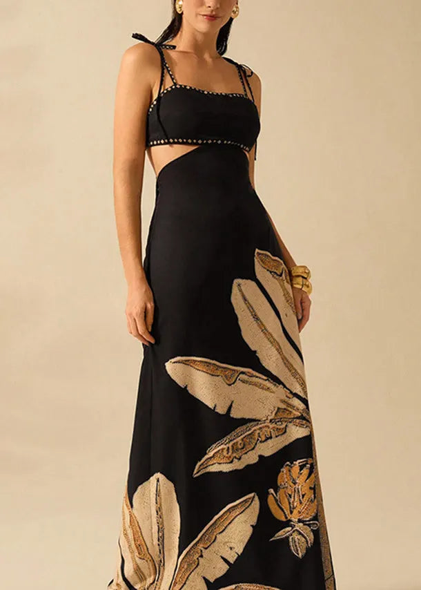 Black Backless Print Cotton Spaghetti Strap Dress Summer