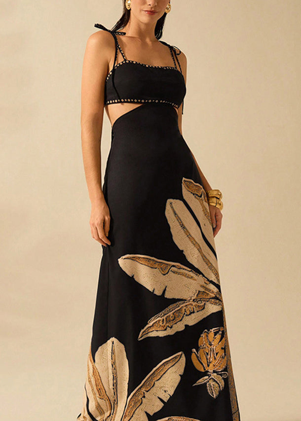 Black Backless Print Cotton Spaghetti Strap Dress Summer