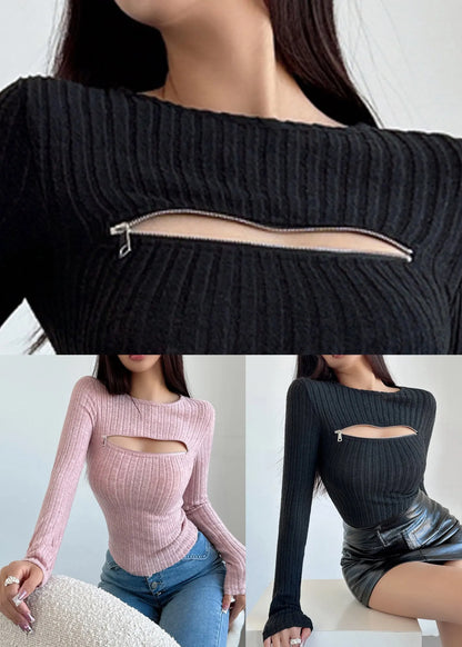 Black Zip Up Knit Sweaters Fall