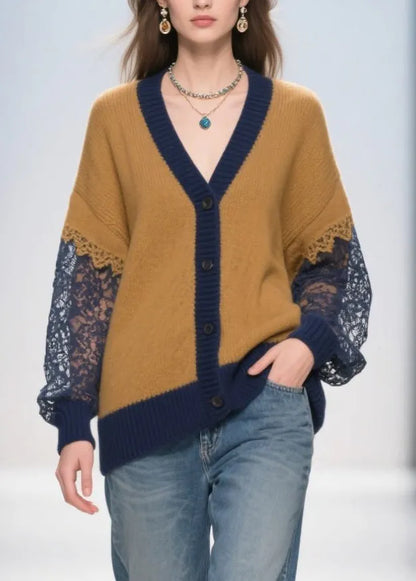 Brown Oversized Hollow Out Patchwork Lace Cardigans Fall