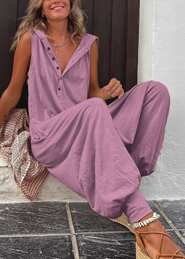 New Beige Hooded Cotton Jumpsuit Sleeveless