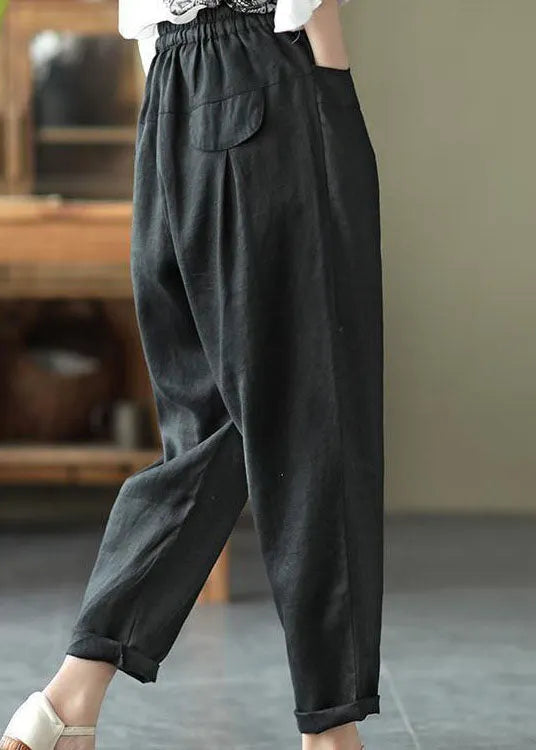 Black Pockets Patchwork Tie Waist Linen Pants Summer