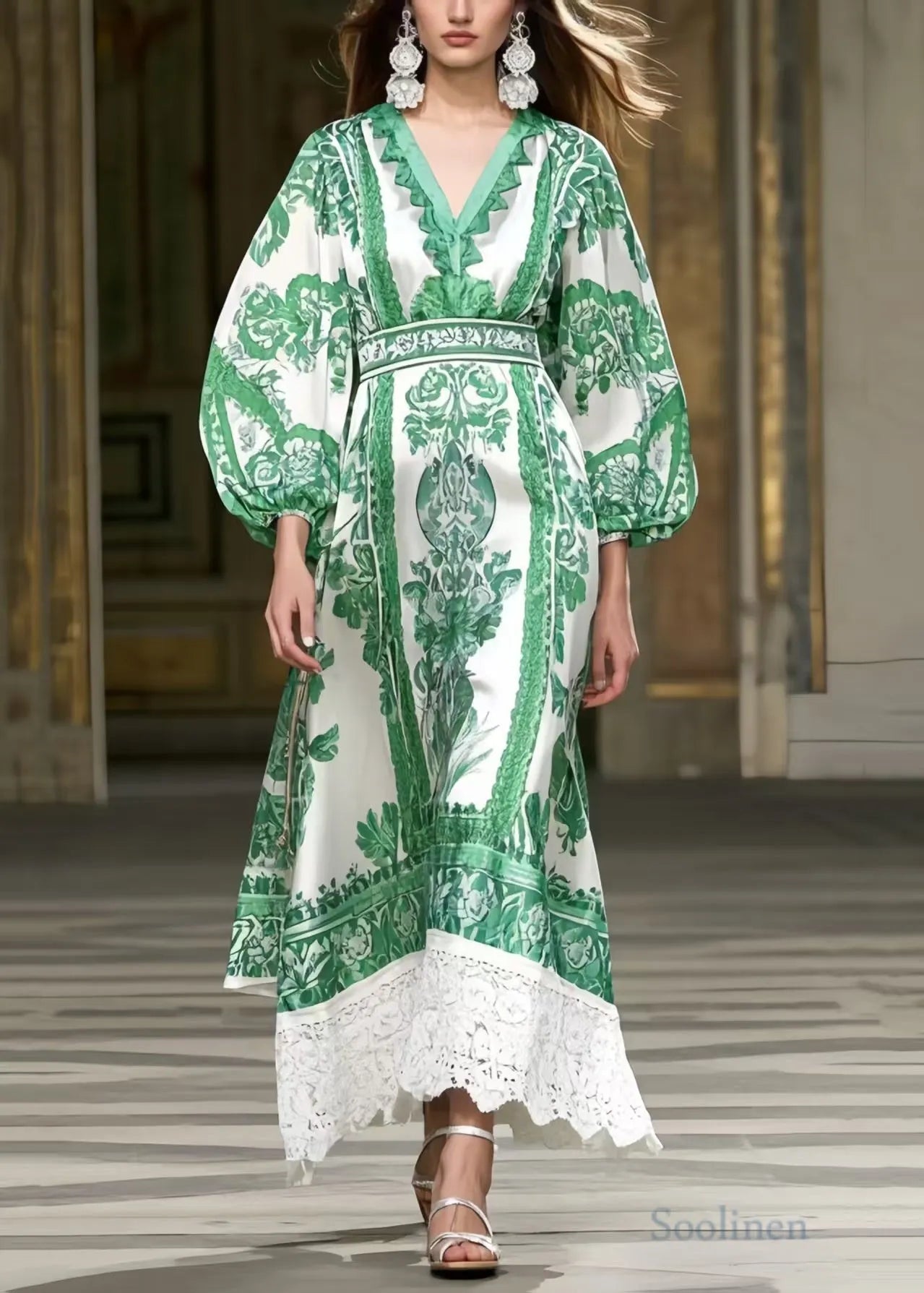 Green Puff Sleeve Patchwork Lace Robe Dresses Spring